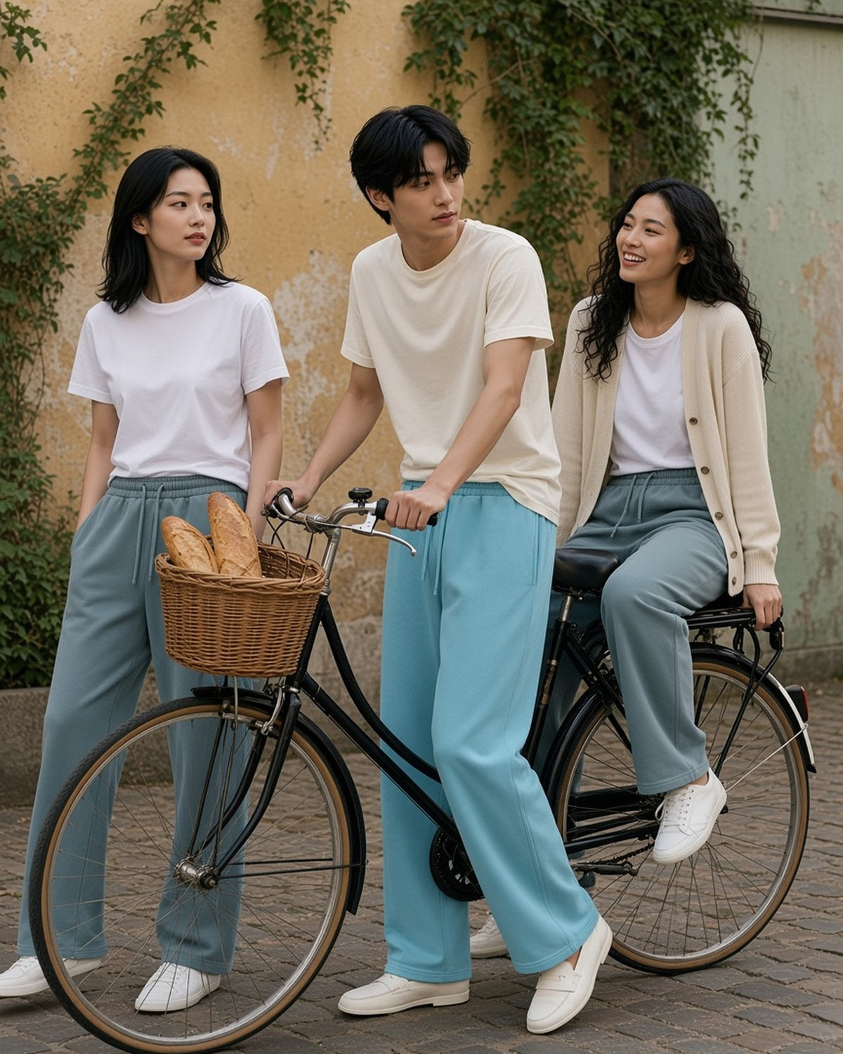 Three people in the Heavyweight Vintage Wash Sweatpants in Haze Blue and Sky Blue, with a vintage bicycle in a Copenhagen courtyard