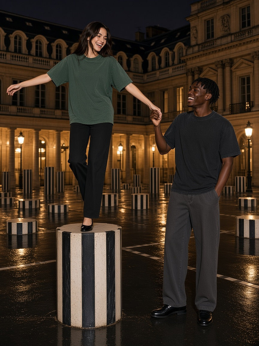 Two people wearing the Heavyweight Vintage Washed Frayed T-Shirt in Army Green and Black, full-length model photo
