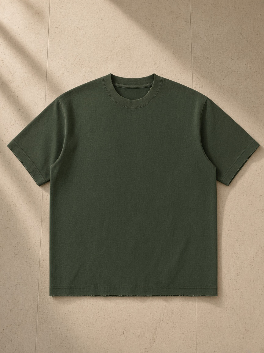 Heavyweight Vintage Washed Frayed T-Shirt in Army Green, laid flat on pale limestone