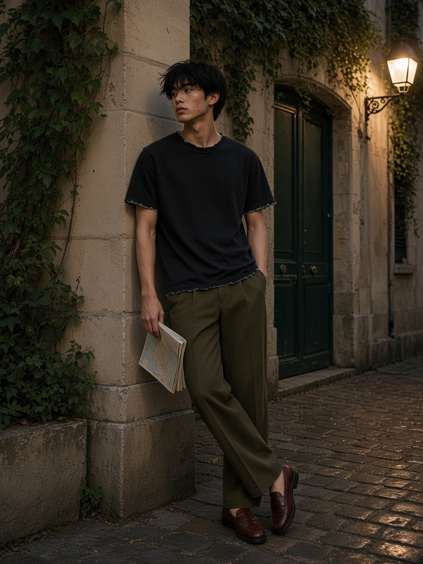 Man in the Heavyweight Vintage Washed Frayed T-Shirt in Black leaning in a Marais courtyard doorway in Paris at night