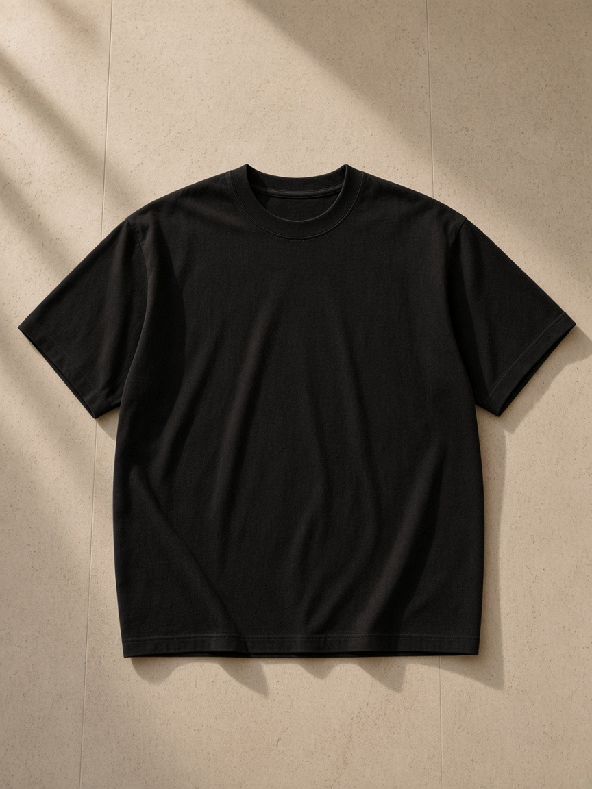 Heavyweight Vintage Washed Frayed T-Shirt in Black, laid flat on pale limestone