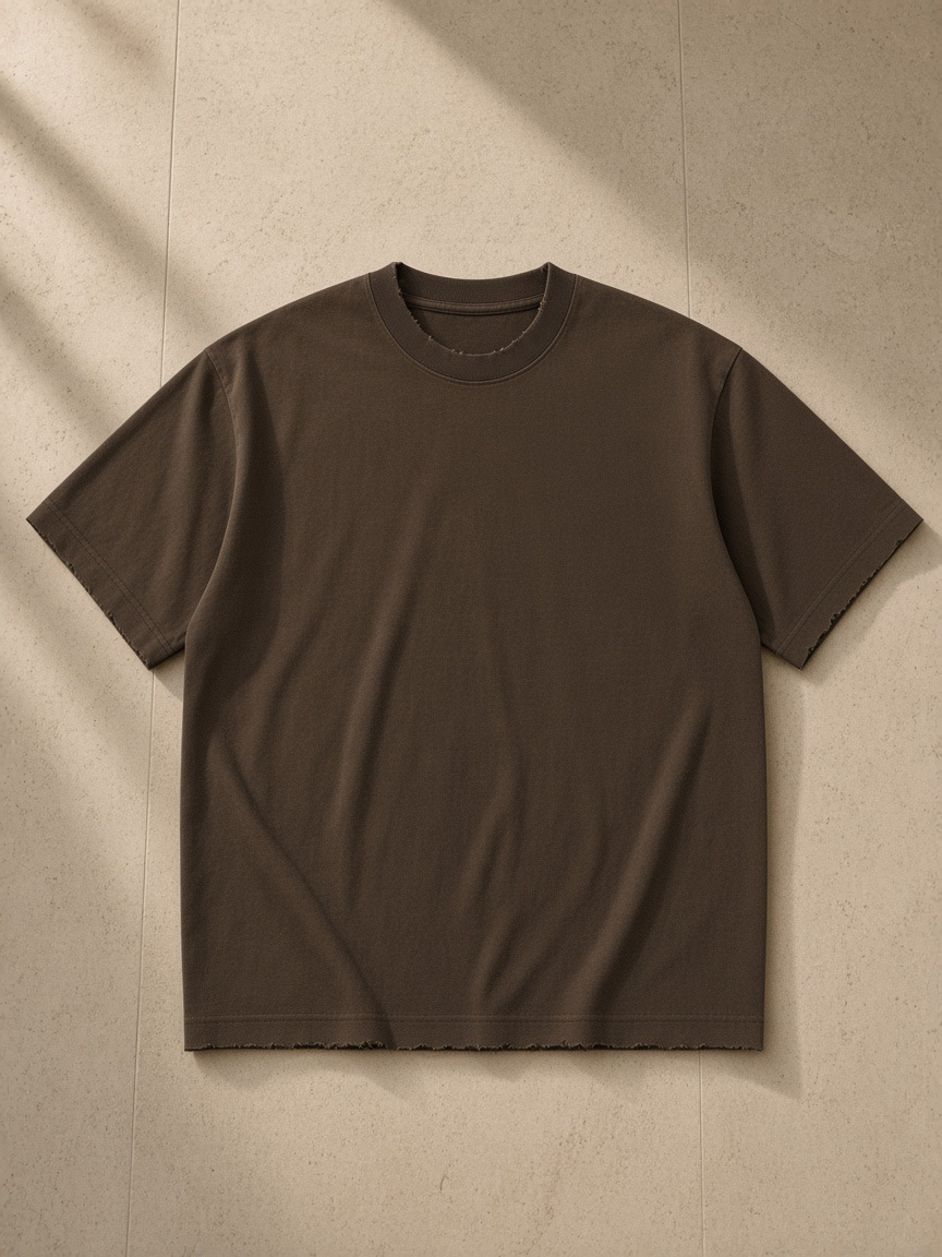 Heavyweight Vintage Washed Frayed T-Shirt in Coffee, laid flat on pale limestone