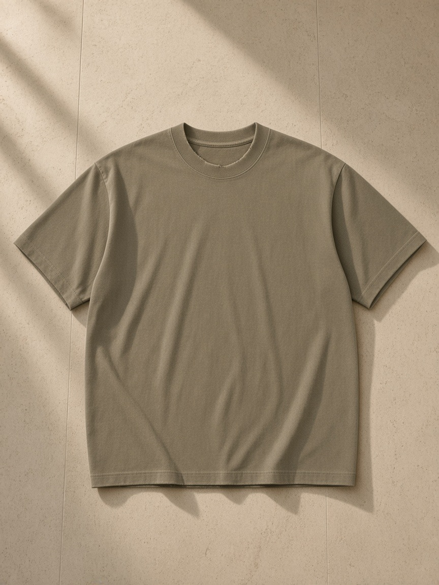 Heavyweight Vintage Washed Frayed T-Shirt in Gray Coffee, laid flat on pale limestone