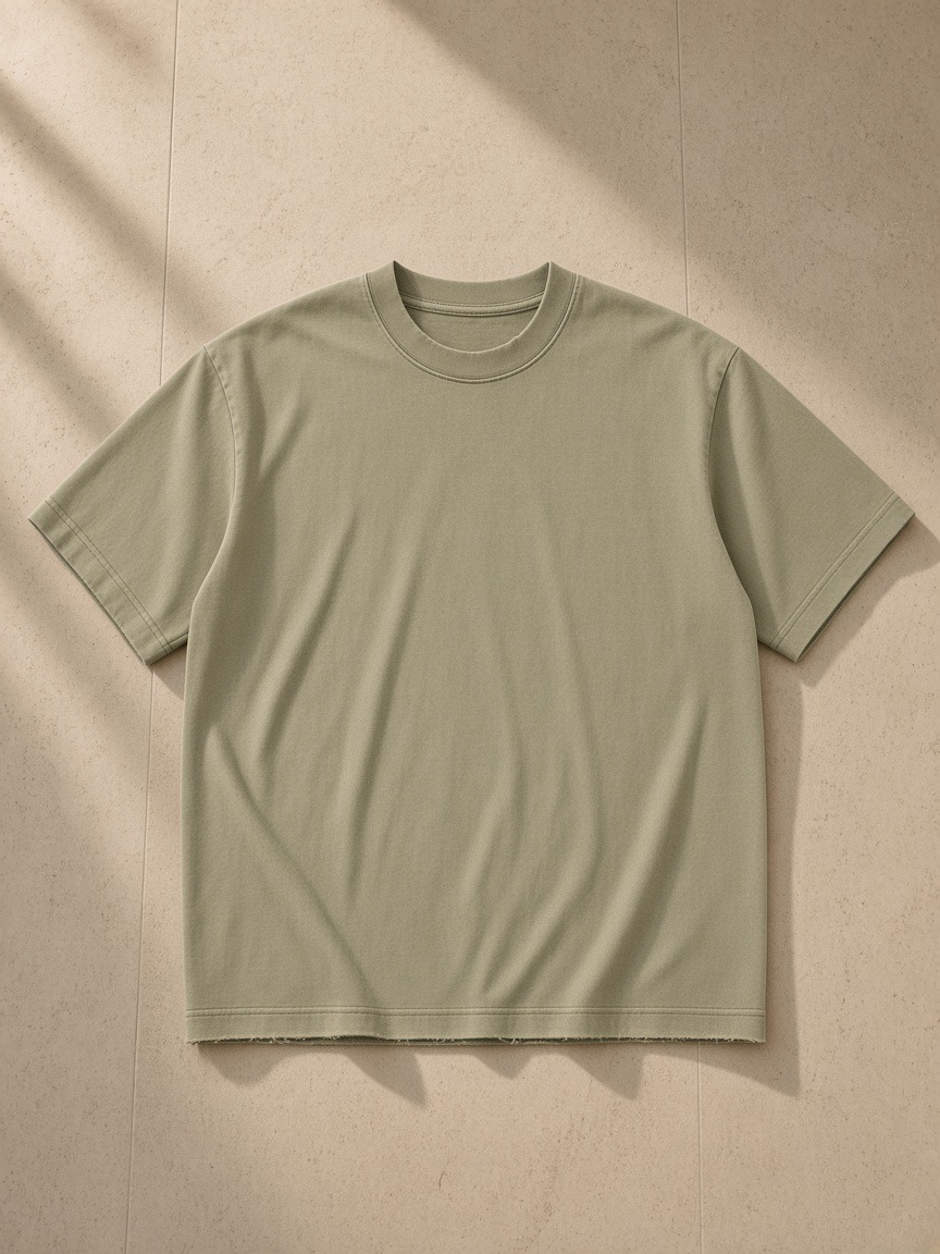 Heavyweight Vintage Washed Frayed T-Shirt in Gray Green, laid flat on pale limestone
