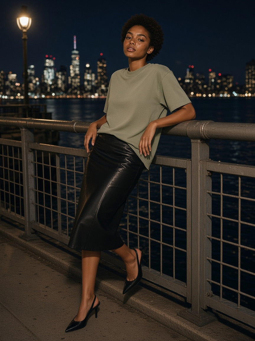 Model wearing the Heavyweight Vintage Washed Frayed T-Shirt in Gray Green, full-length model photo