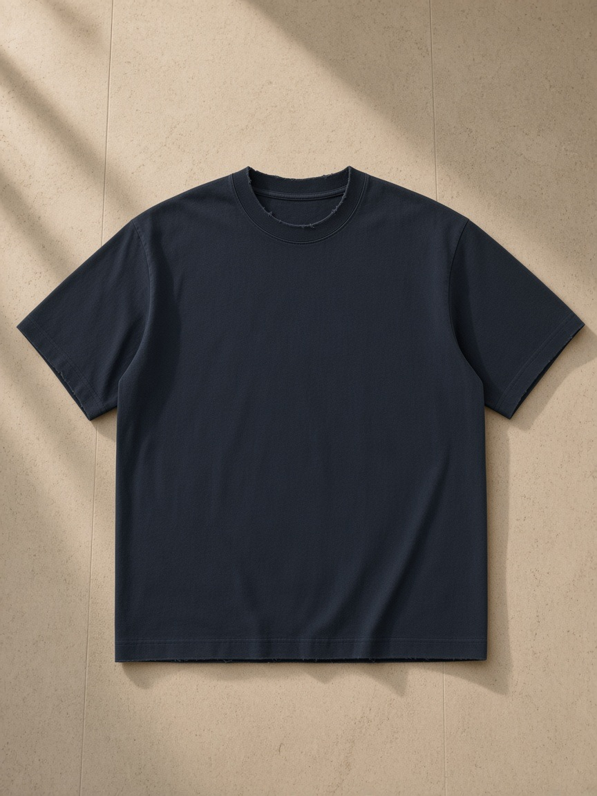Heavyweight Vintage Washed Frayed T-Shirt in Navy Blue, laid flat on pale limestone