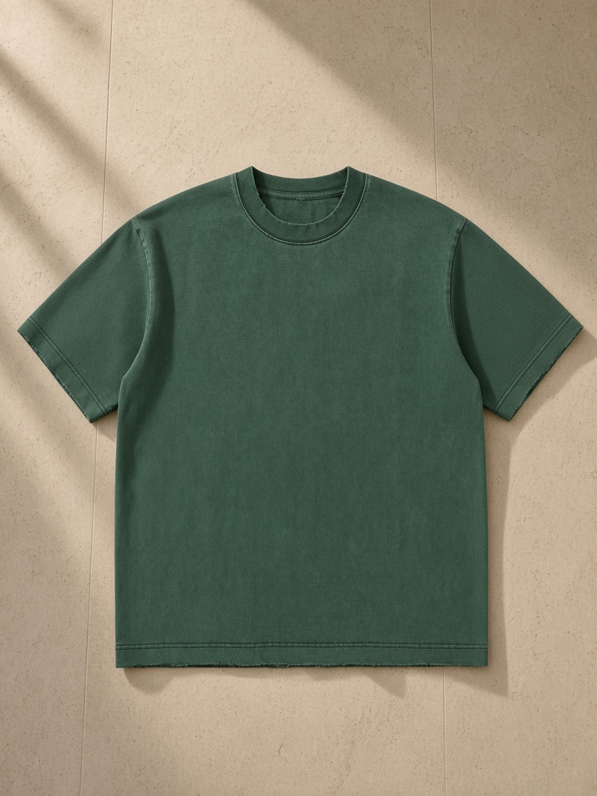 Heavyweight Vintage Washed Frayed T-Shirt in Retro Green, laid flat on pale limestone