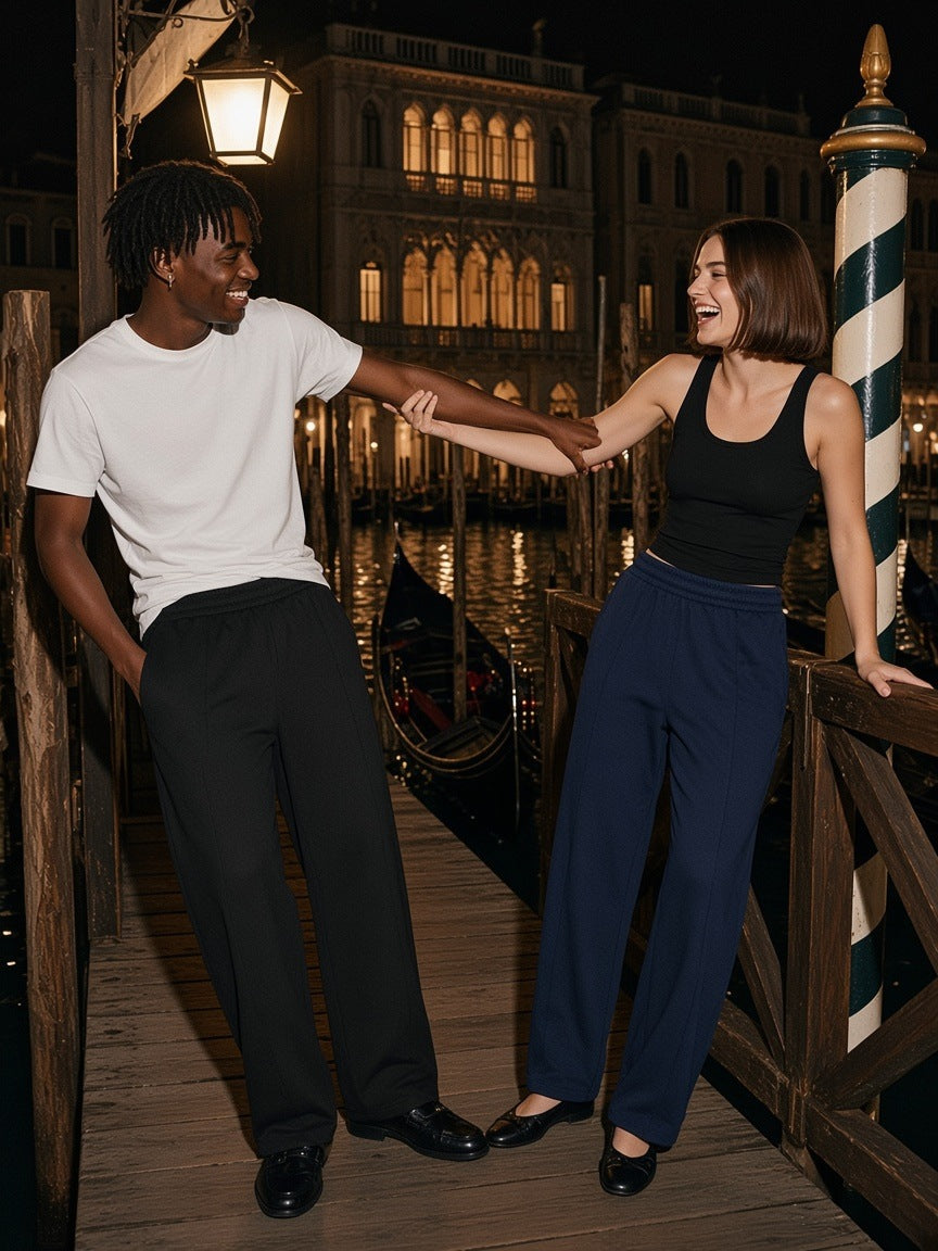 Marcel Afters Heavyweight Wide Leg Panel Sweatpants in Black, worn by a man, venice
