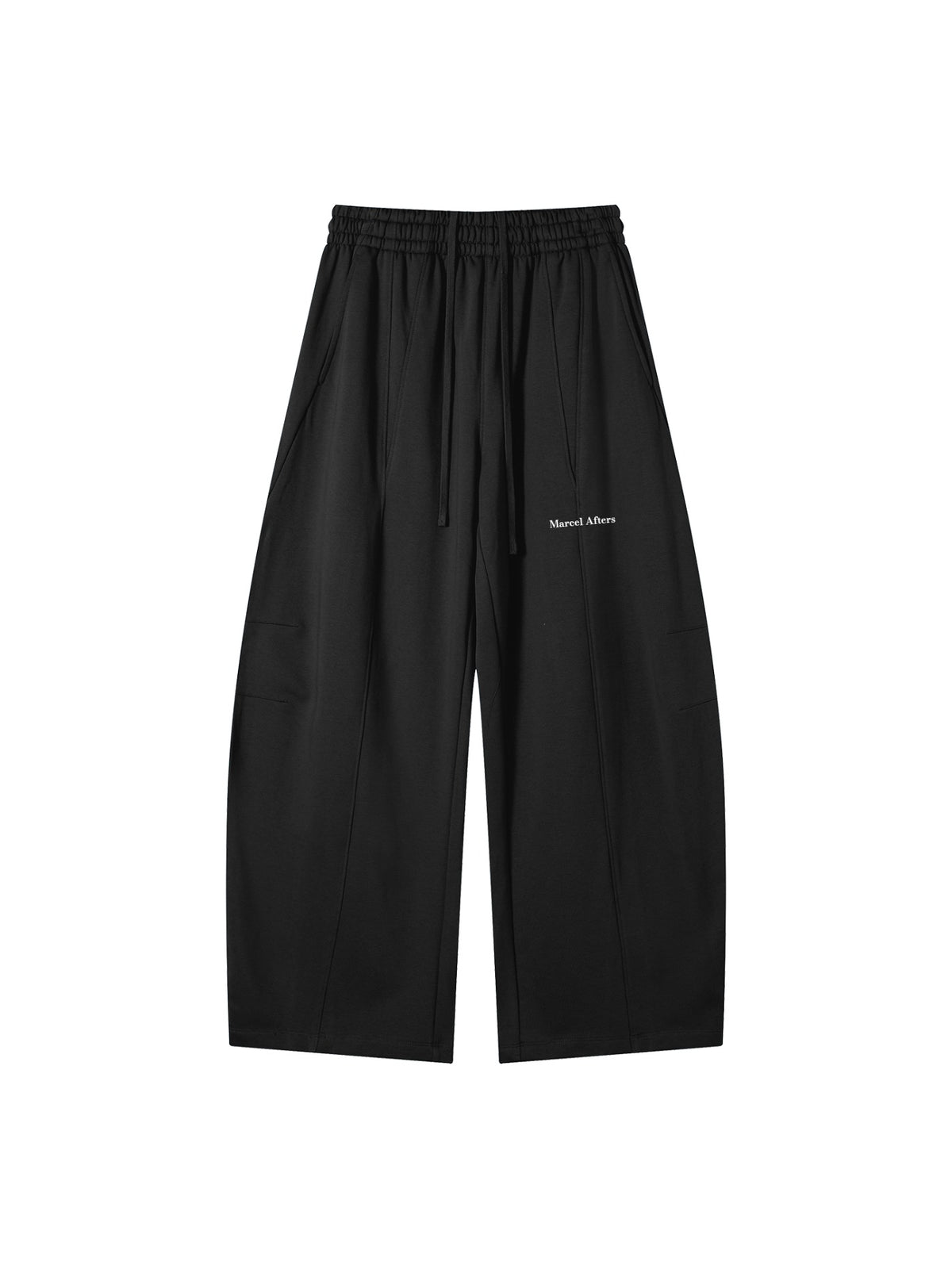Marcel Afters Heavyweight Wide Leg Panel Sweatpants in Black, laid flat