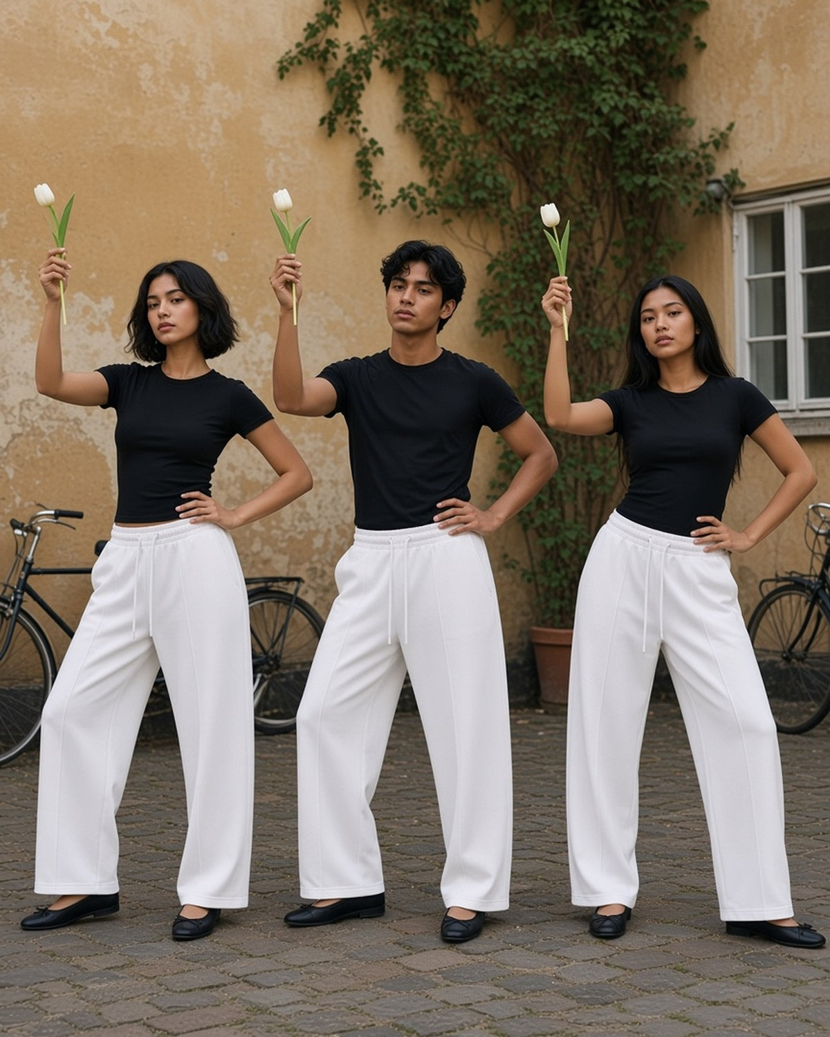 Three people in the Heavyweight Wide Leg Panel Sweatpants in White raising tulips in a Copenhagen courtyard