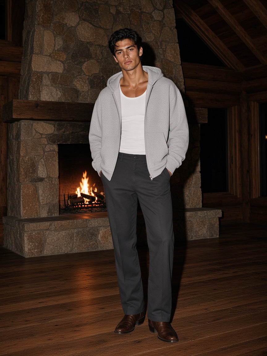 Model wearing the Heavyweight Zip-up Hoodie in Flower Gray, full-length model photo
