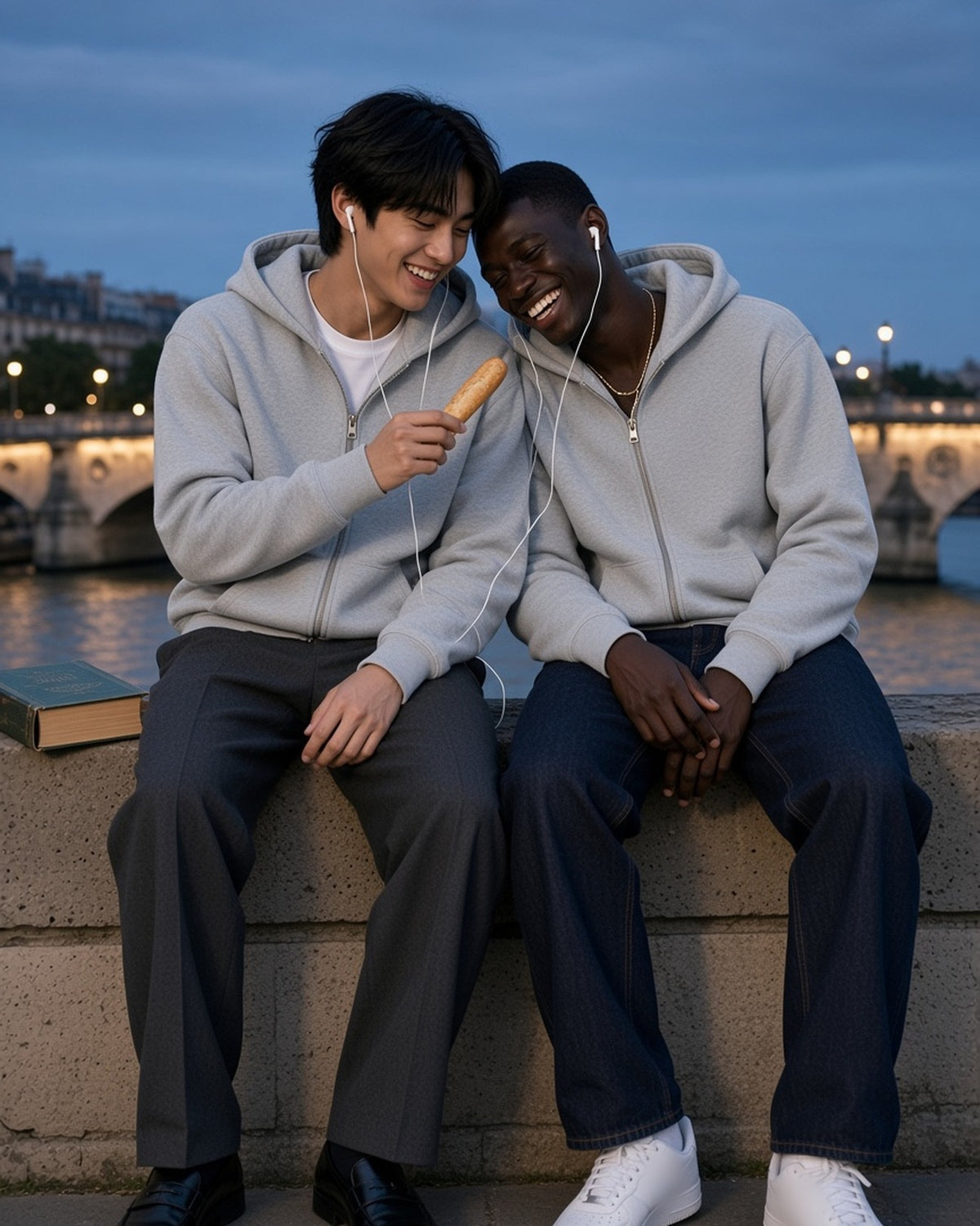 Two men in the Heavyweight Zip-up Hoodie in Flower Gray, sharing headphones on a Seine quay at blue hour