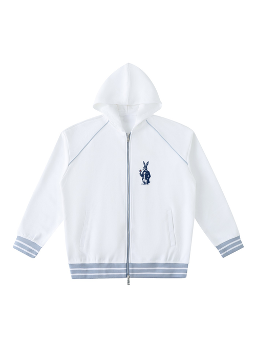 House Hare zip-up hoodie in White, front view with a navy hare in black tie holding a cocktail on the left chest. Marcel Afters.