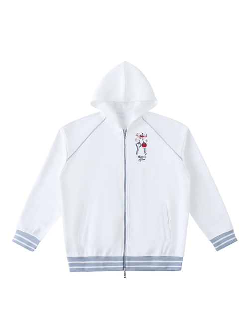 House Keys striped-trim zip-up hoodie in White, front view with two house keys tied with a red bow on the left chest. Marcel Afters.
