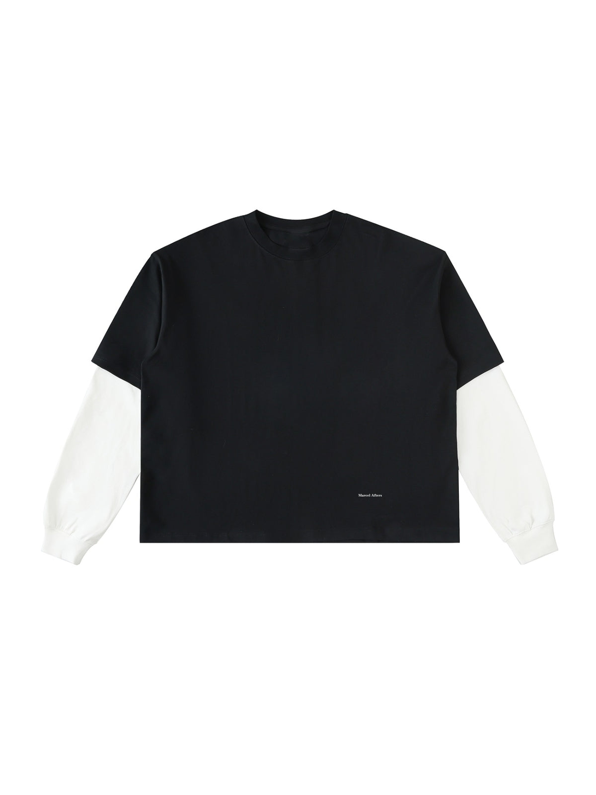 Marcel Afters Layered Contrast Sleeve Cotton T-Shirt in Black, laid flat, plain white background