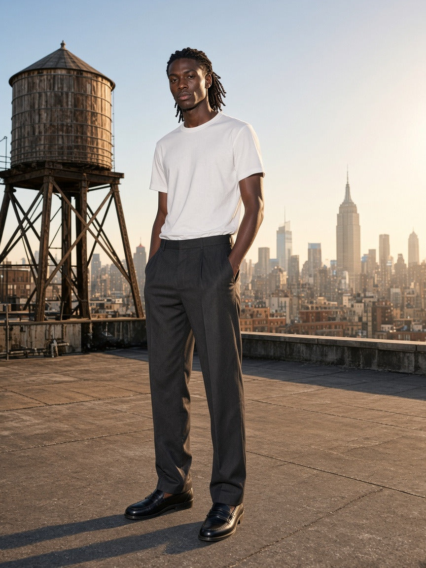 Man wearing the Lightweight Crewneck T-Shirt in White, full-length model photo