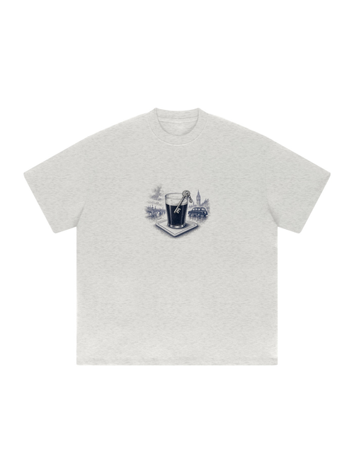London Pint heavyweight tee in Oat Gray, front view with a pint, a key and the London skyline at the centre chest. Marcel Afters.