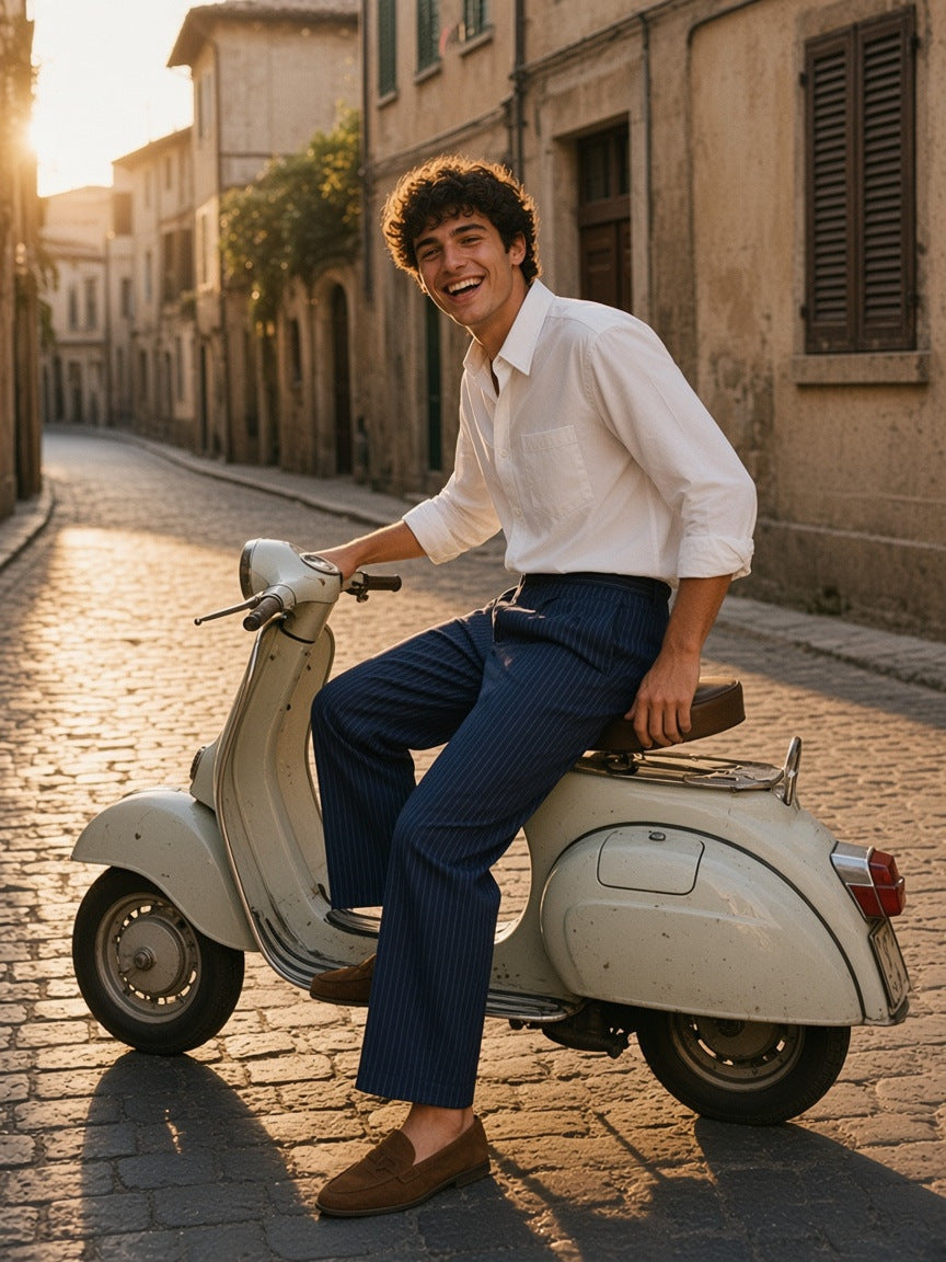 Part of the look Clean Getaway: man in a white button-front shirt and navy striped pleated pants