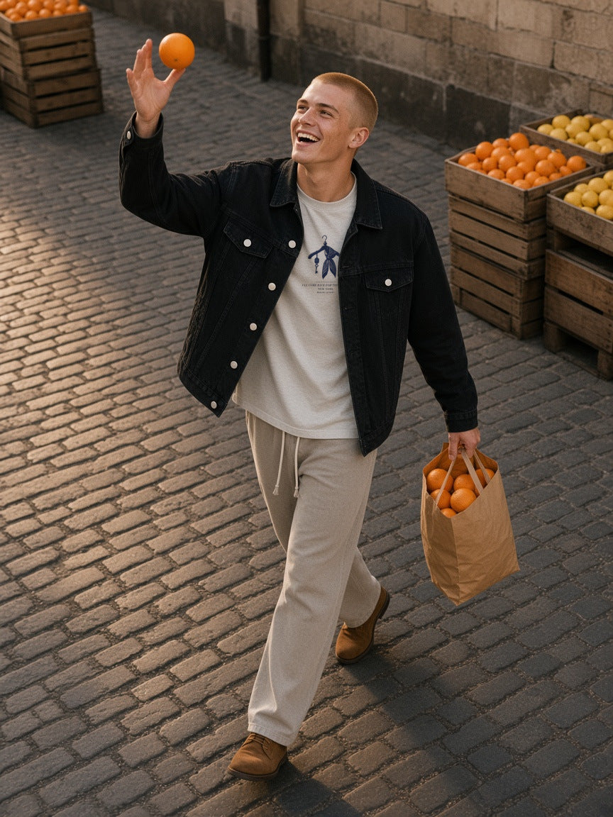 Part of the look Early Key: man in a oat gray scarf-and-key graphic tee, stone gray straight-leg pants and a black denim jacket