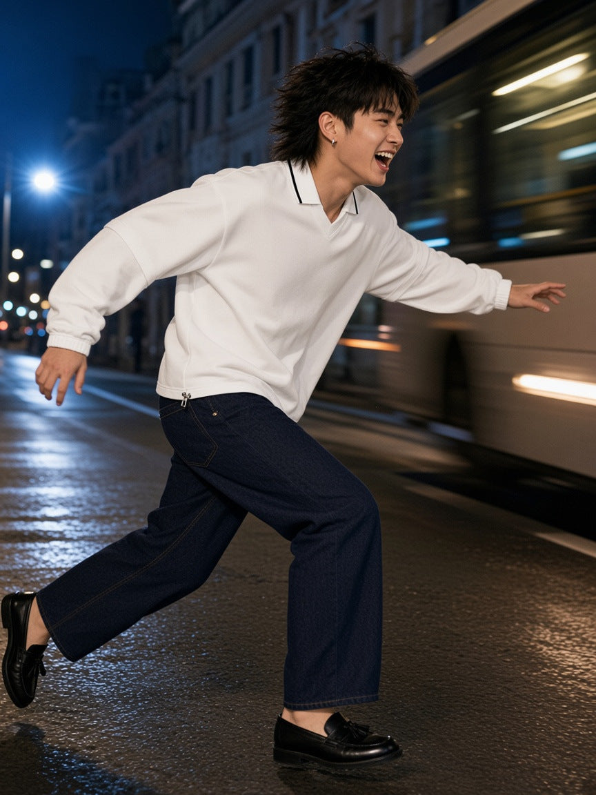 Part of the look Night Bus: man in a white detachable-collar sweatshirt and navy straight-leg jeans