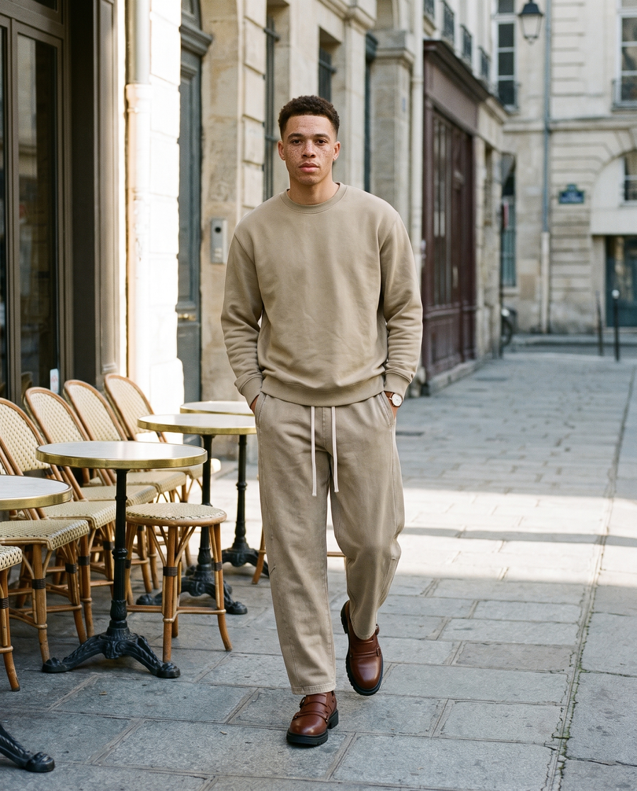 Man in Khaki loose crewneck sweatshirt and matching sweatpants on a Paris street
