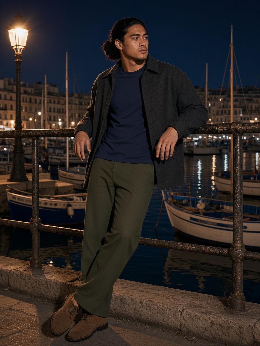 Marcel Afters Loose Fit Crewneck T-Shirt in Navy Blue, worn by a man, harbour