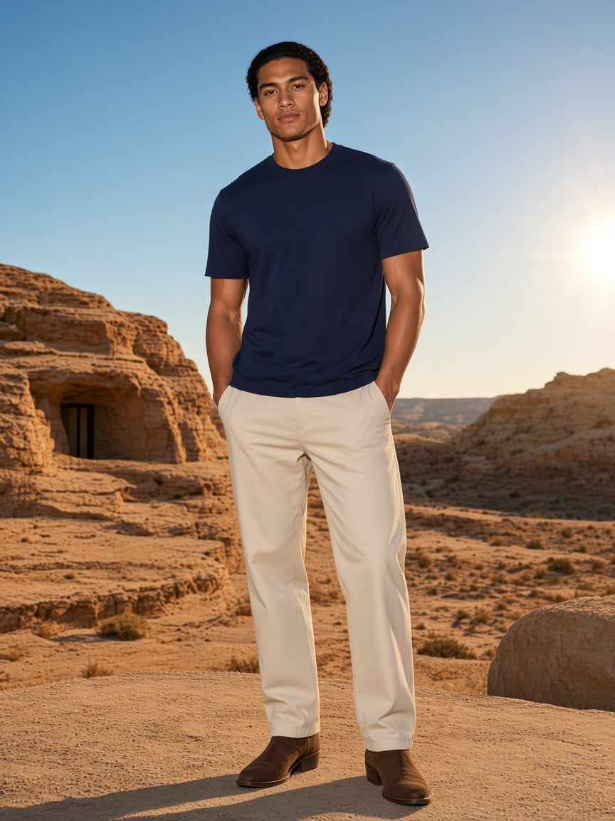 Marcel Afters Loose Fit Crewneck T-Shirt in Navy Blue, worn by a man, desert