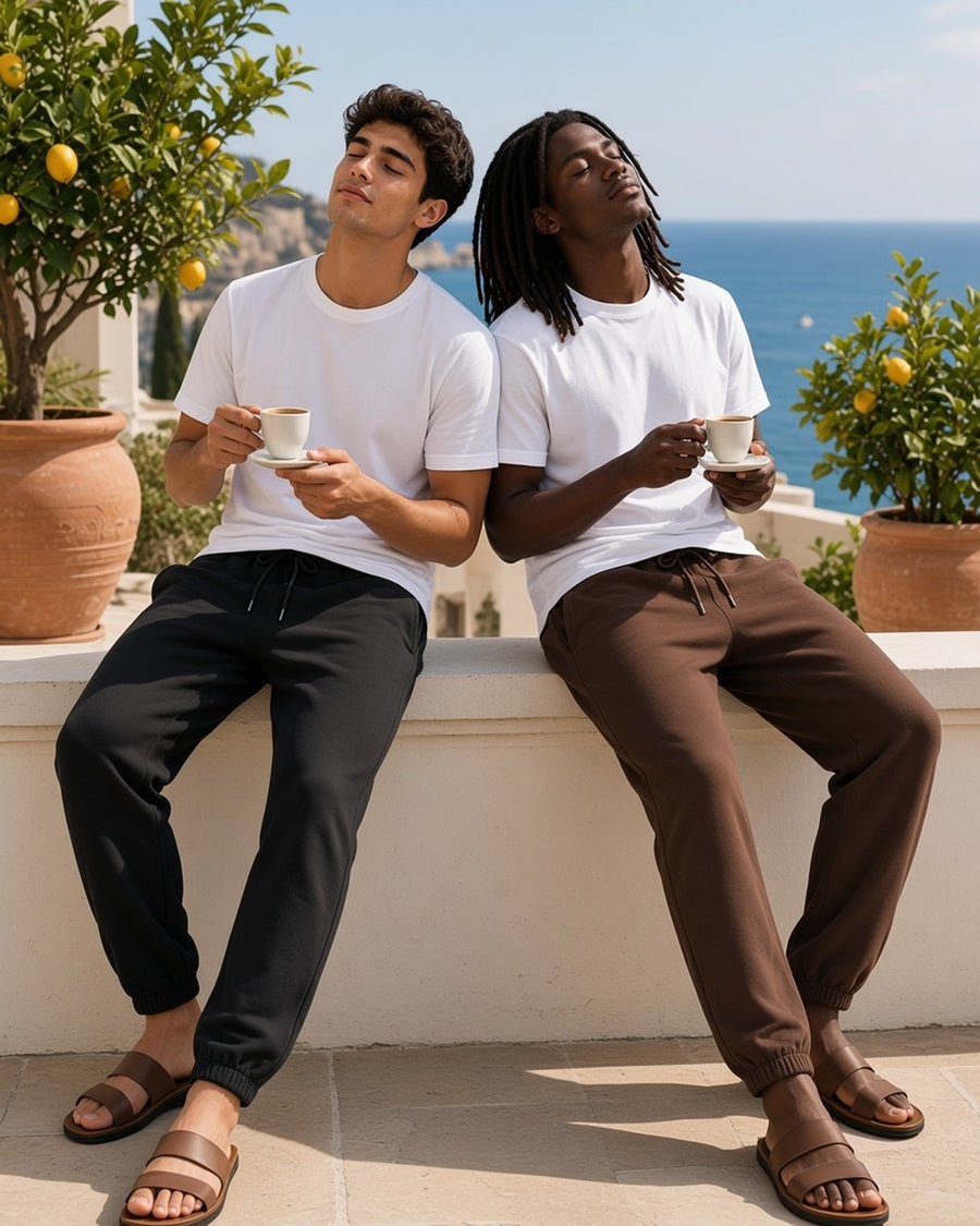 Two men in the Loose Fit Tapered Joggers in Black and Coffee taking espresso on a Riviera terrace