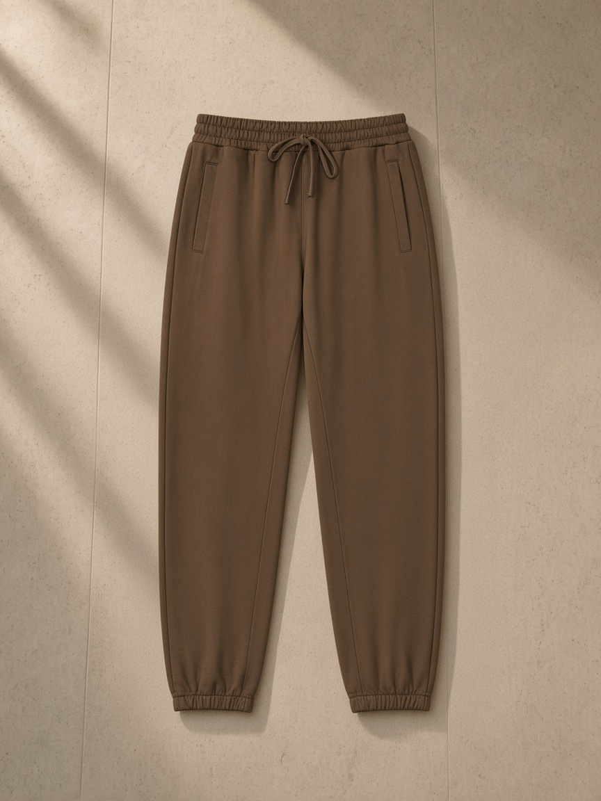 Men's Loose Fit Tapered Joggers in Coffee, laid flat on pale limestone