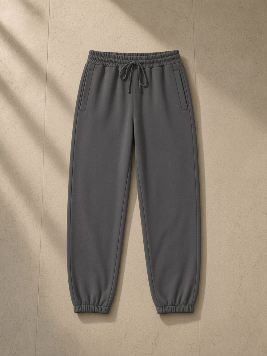 Men's Loose Fit Tapered Joggers in Dark Gray, laid flat on pale limestone