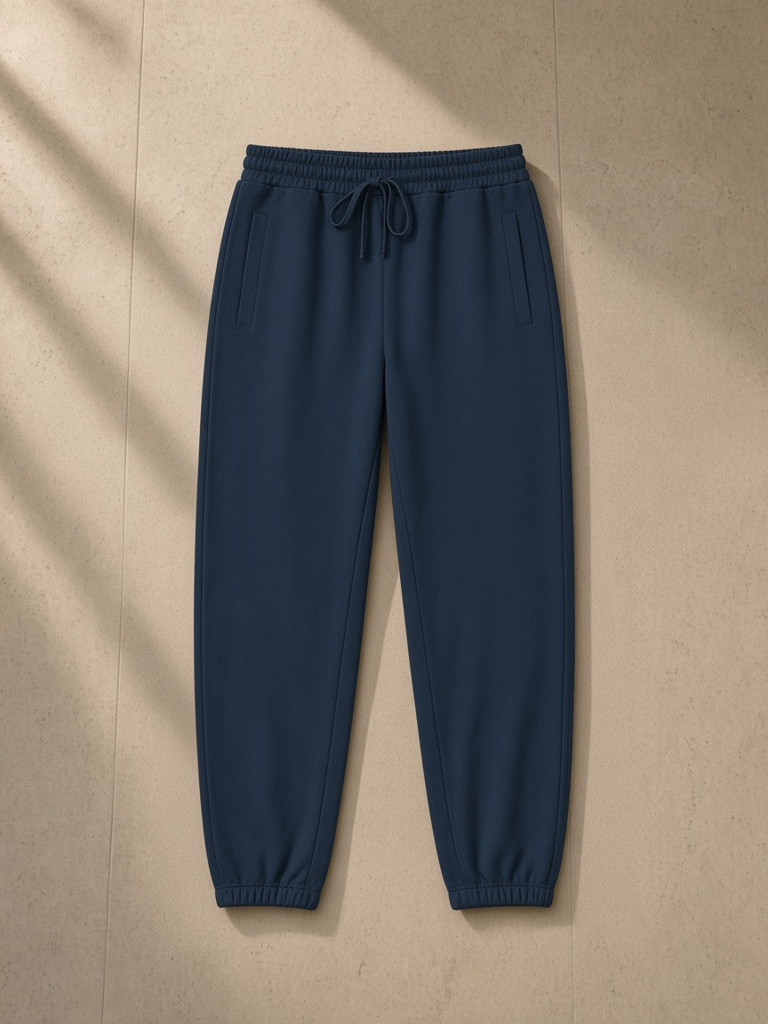 Men's Loose Fit Tapered Joggers in Navy Blue, laid flat on pale limestone