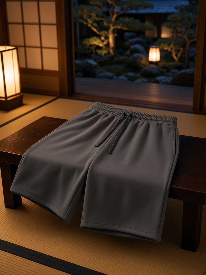 Marcel Afters Loose Raw Edge Shorts in Dark Gray, laid flat, japanese room
