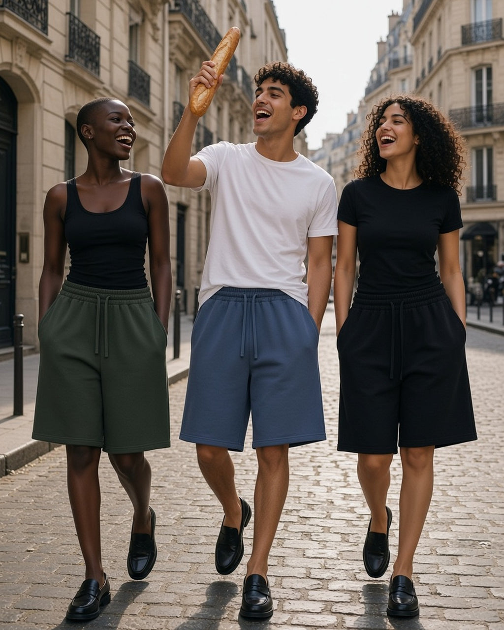 Three people in the Loose Raw Edge Shorts in Blackish Green, Jeans Blue and Black singing on a Paris street