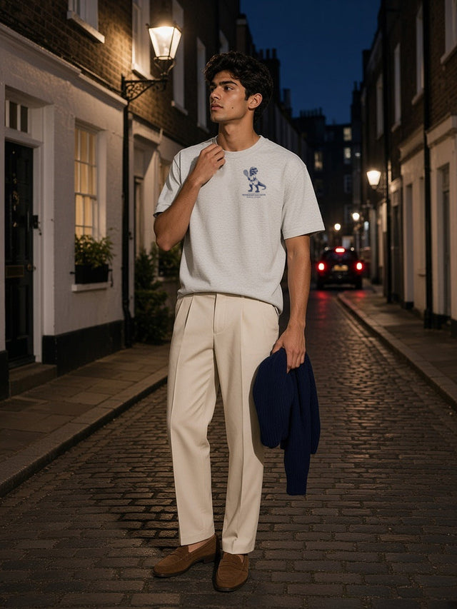 Man in the Membership Has Teeth Heavyweight Drop Shoulder T-Shirt in Oat Gray on a cobbled London mews at night