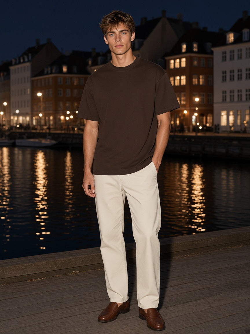 Man wearing the Men's Heavyweight Drop Shoulder T-Shirt in Coffee, full-length model photo
