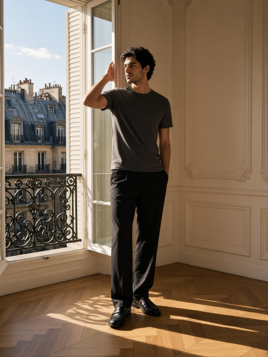 Man wearing the Men's Heavyweight Earth Tone T-Shirt in Carbon Gray, full-length model photo