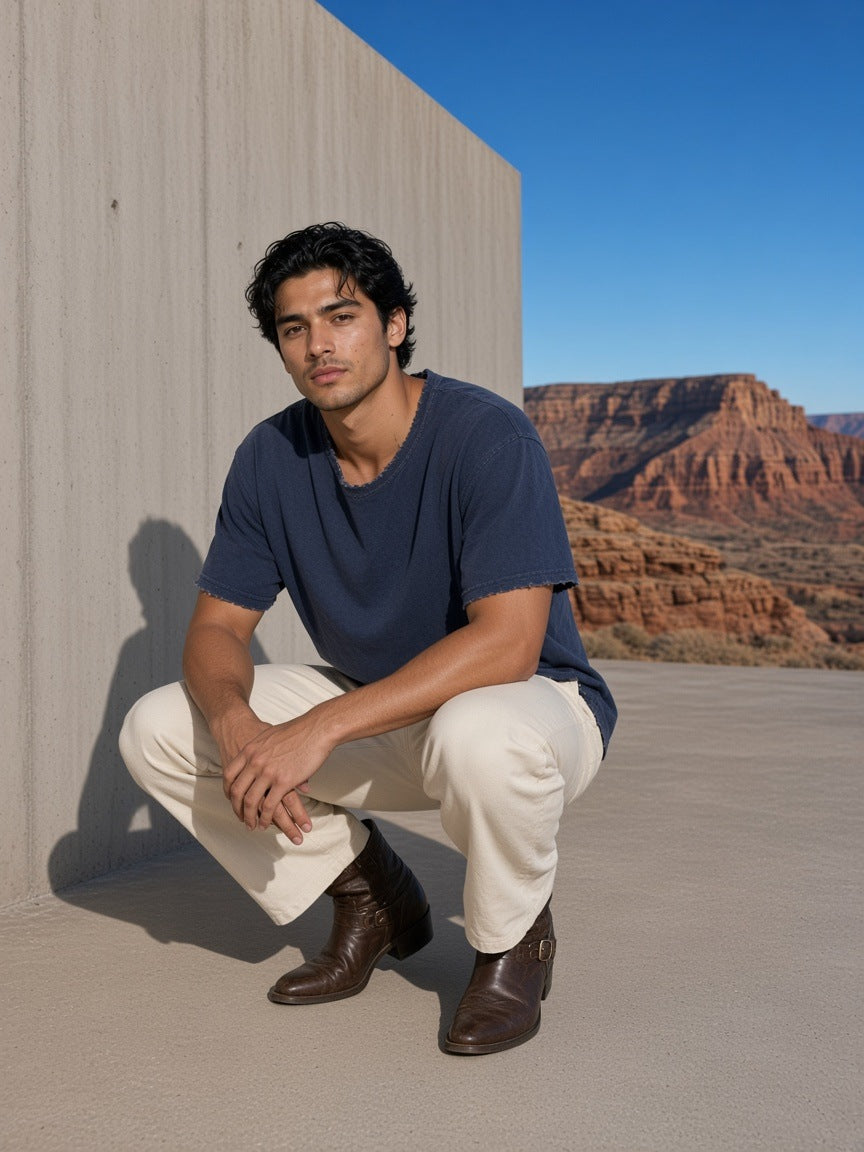 Marcel Afters Men's Heavyweight Vintage Washed Frayed T-Shirt in Navy Blue, worn by a man, crouching on a desert terrace in cream trousers