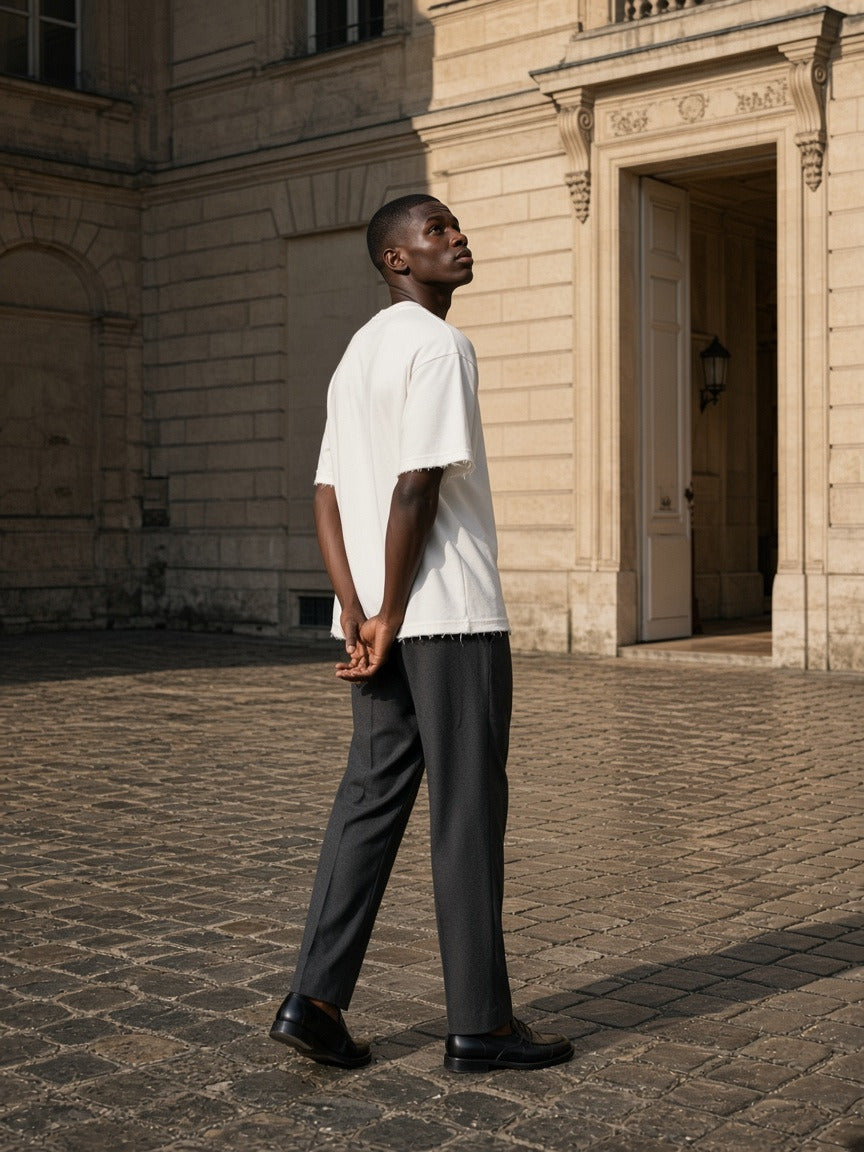 Man wearing the Men's Heavyweight Vintage Washed Frayed T-Shirt in White, full-length model photo