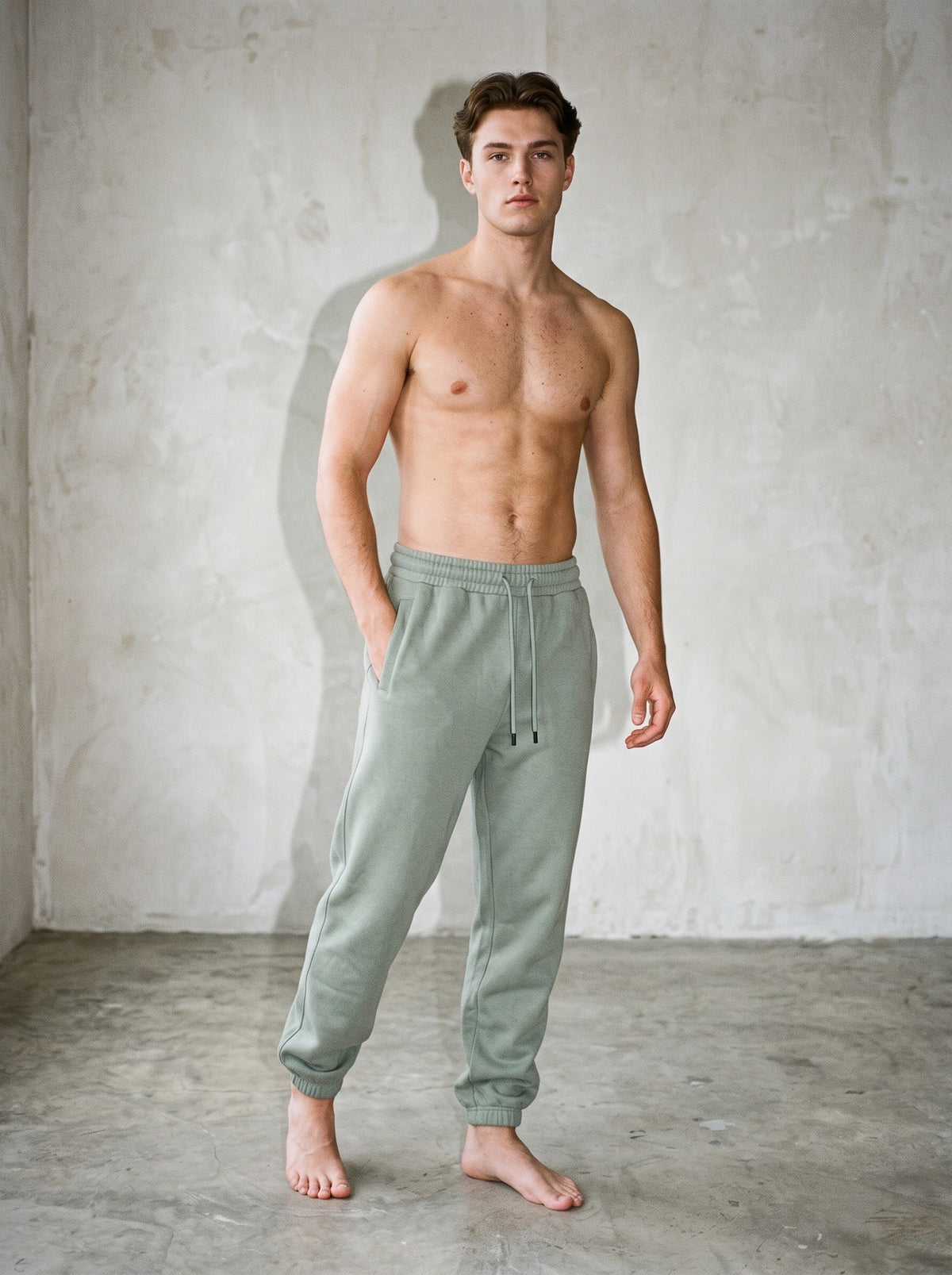 Shirtless man in the Men's Heavyweight Fleece Joggers in Grayish Green, barefoot against a plaster wall, lit by direct flash