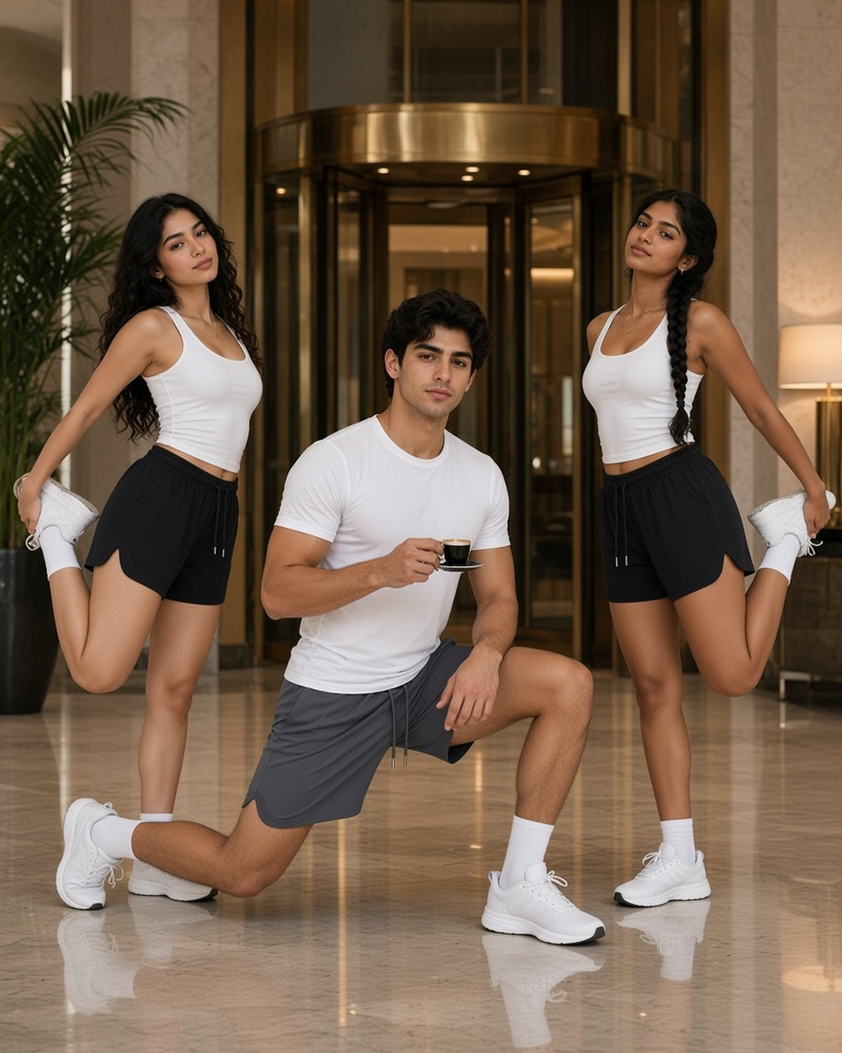 Three people in the Mesh-Lined Quick-Dry Performance Shorts in Black and Dark Gray, stretching in a grand hotel lobby, the man mid-lunge with an espresso