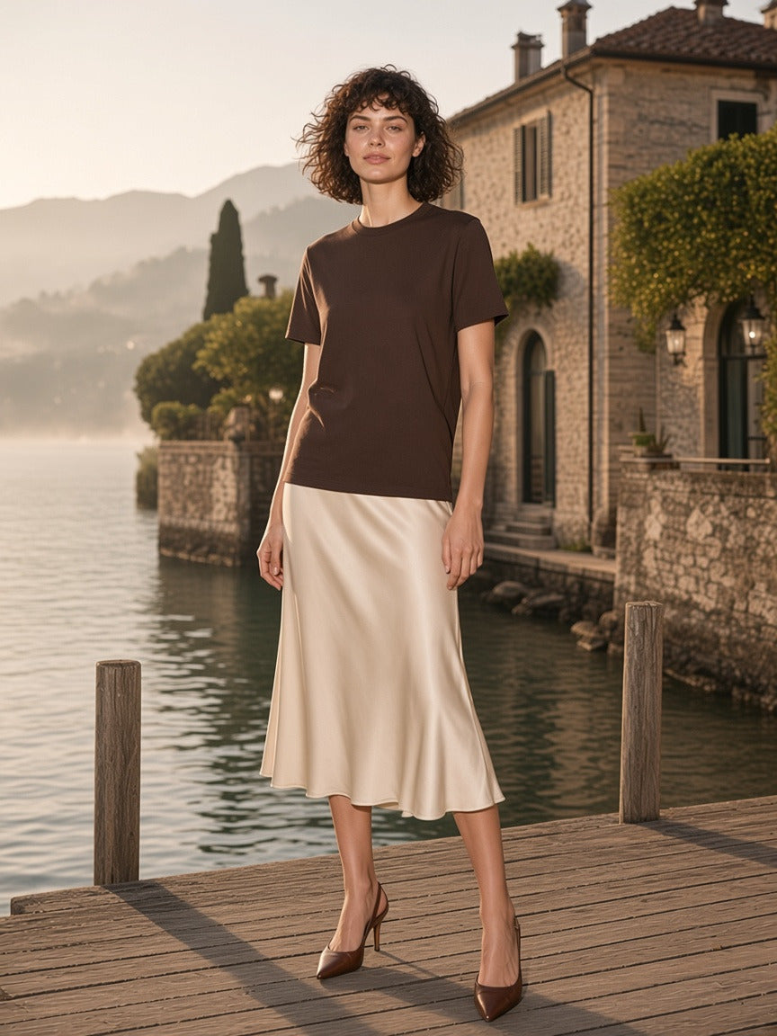 Woman wearing the Mid-Weight Cotton T-Shirt in Coffee, full-length model photo