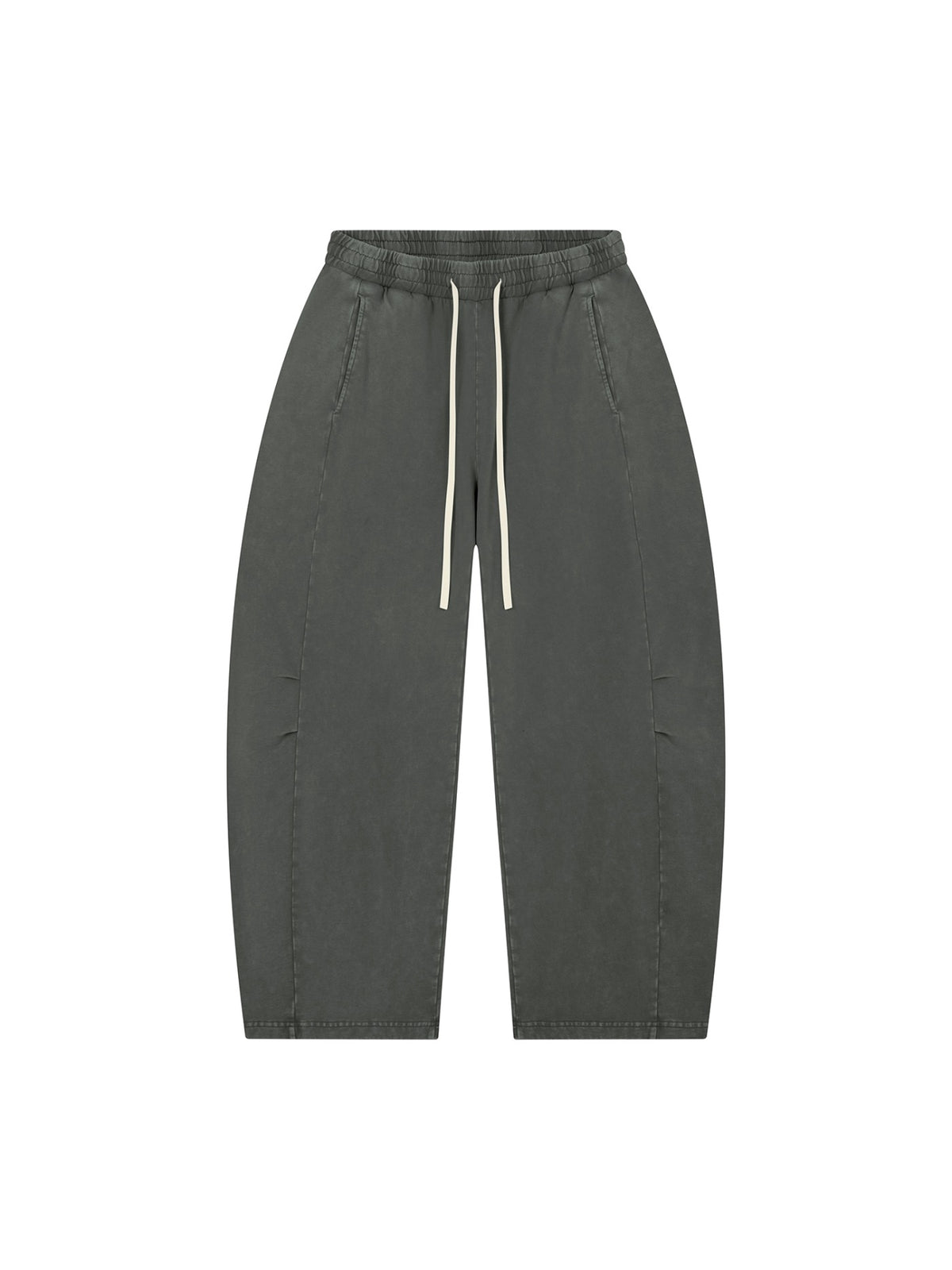 Marcel Afters Mineral Wash Barrel Leg Pants in Dark Gray, laid flat