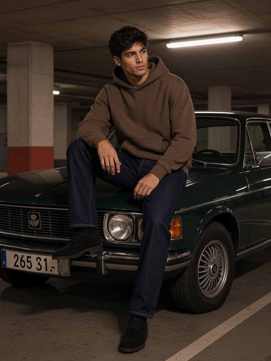 Model wearing the Mineral Wash Boxy Hoodie in Coffee, full-length model photo
