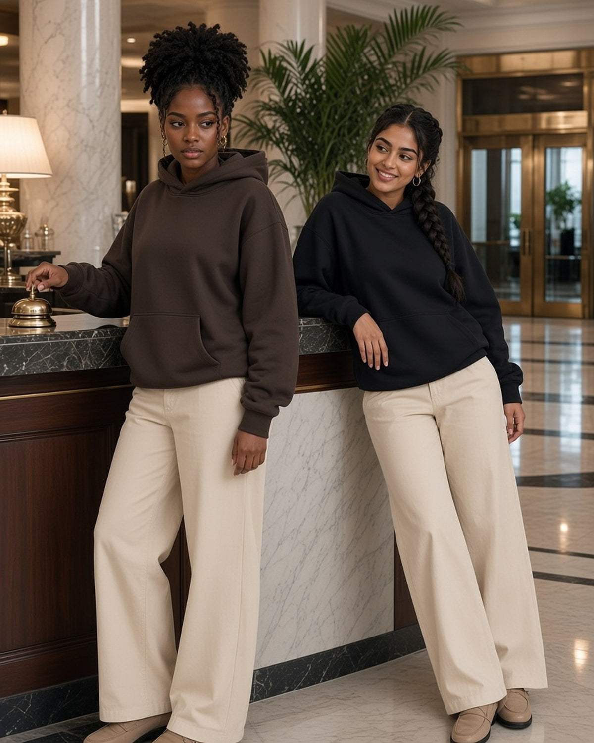 Two women in the Mineral Wash Boxy Hoodie in Coffee and Black at a grand-hotel reception desk