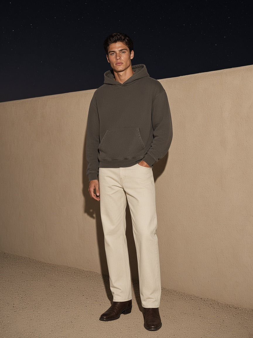 Model wearing the Mineral Wash Boxy Hoodie in Dark Gray, full-length model photo