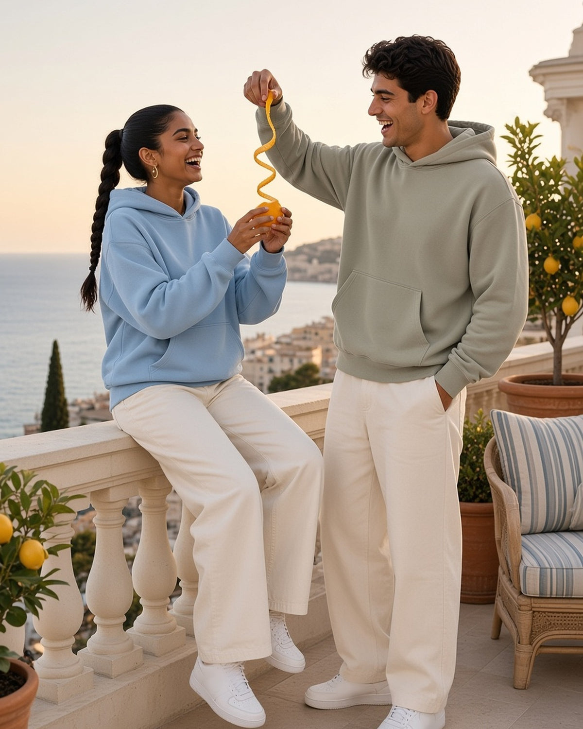 Two people in the Mineral Wash Boxy Hoodie in Haze Blue and Khaki, laughing over a long orange-peel spiral on a Riviera terrace at sunset