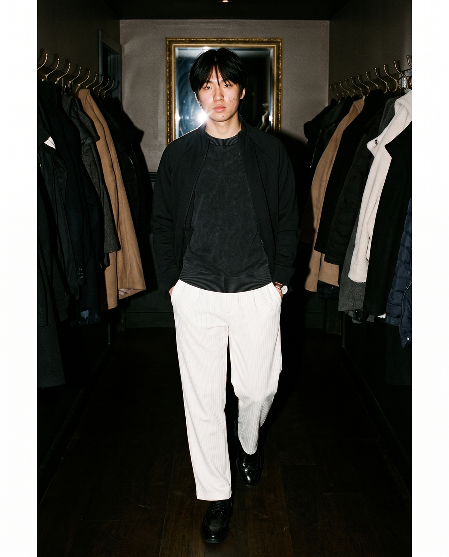 Man in Black mineral wash crewneck sweater under a black jacket, with white trousers