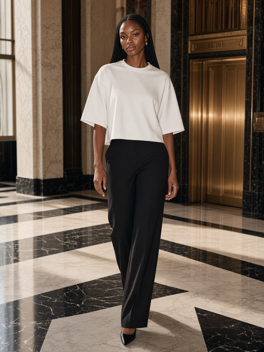Model wearing the Mineral Wash Raw Hem Boxy T-Shirt in White, full-length model photo