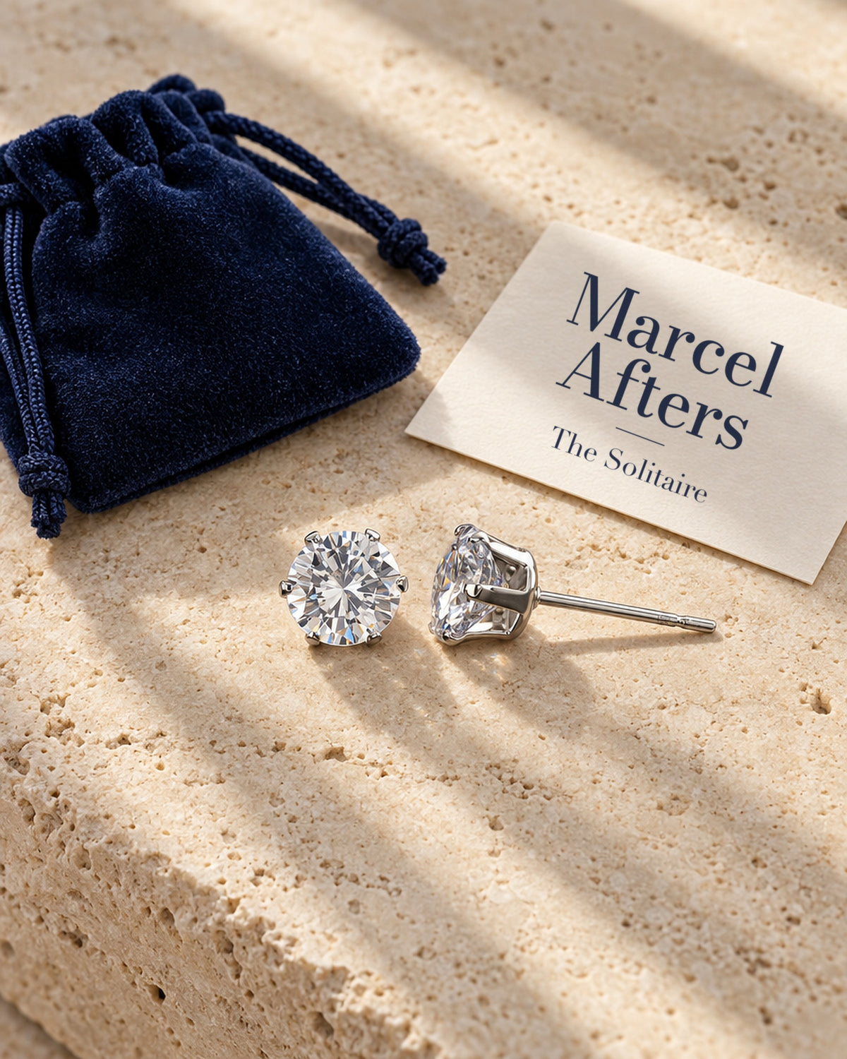 Round Crystal Stud Earrings — flat lay with Marcel Afters gift card and pouch