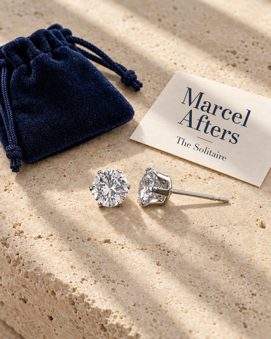 Round Crystal Stud Earrings — flat lay with Marcel Afters gift card and pouch